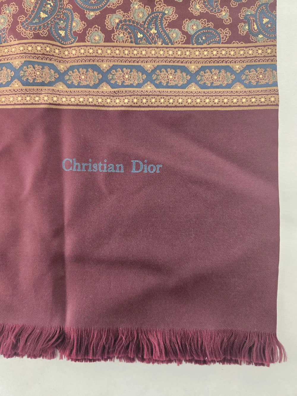 Christian Dior Satin Silk Burgundy Paisley Rectangle Scarf w/ Fringe Logo